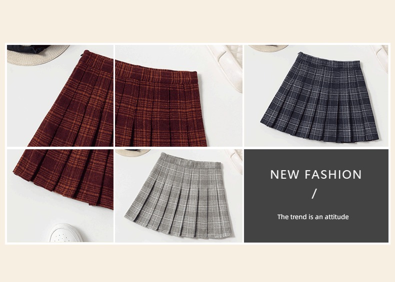 Wool lattice female Autumn and winter Academic atmosphere thickening Pleated skirt