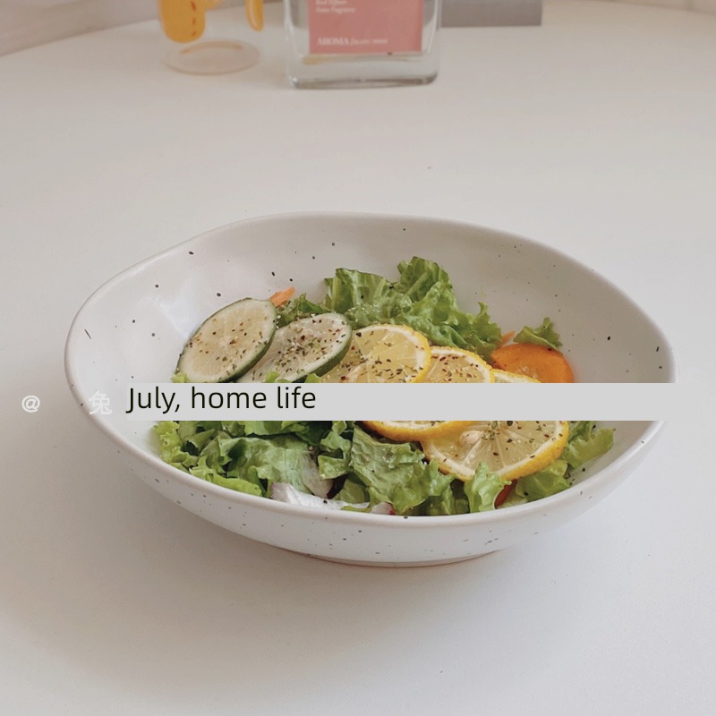 rabbit July | Ins wind Japanese  ceramics tableware Ink dot Splash ink salad bowl Irregular ellipse western restaurant Pasta Bowl