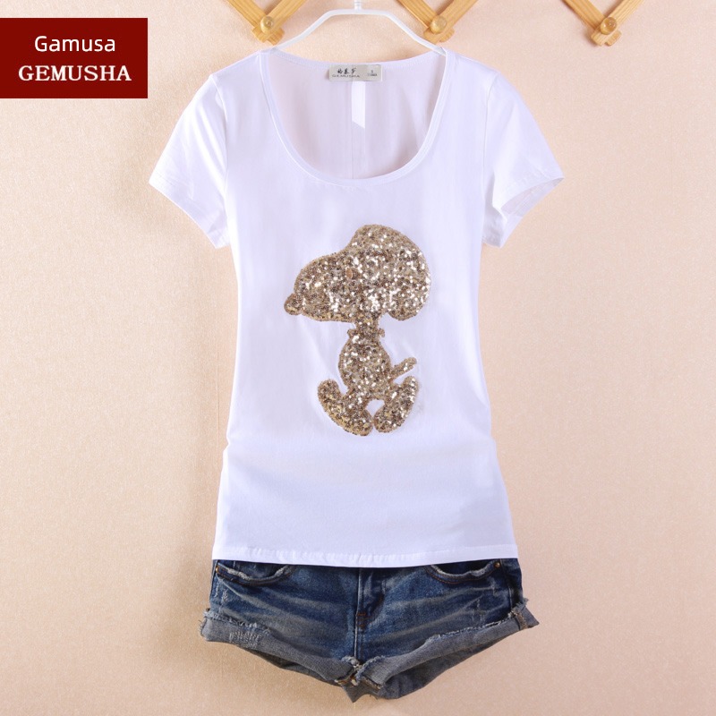 Women's wear European station Big size Half sleeve Self-cultivation T-shirt Sequins
