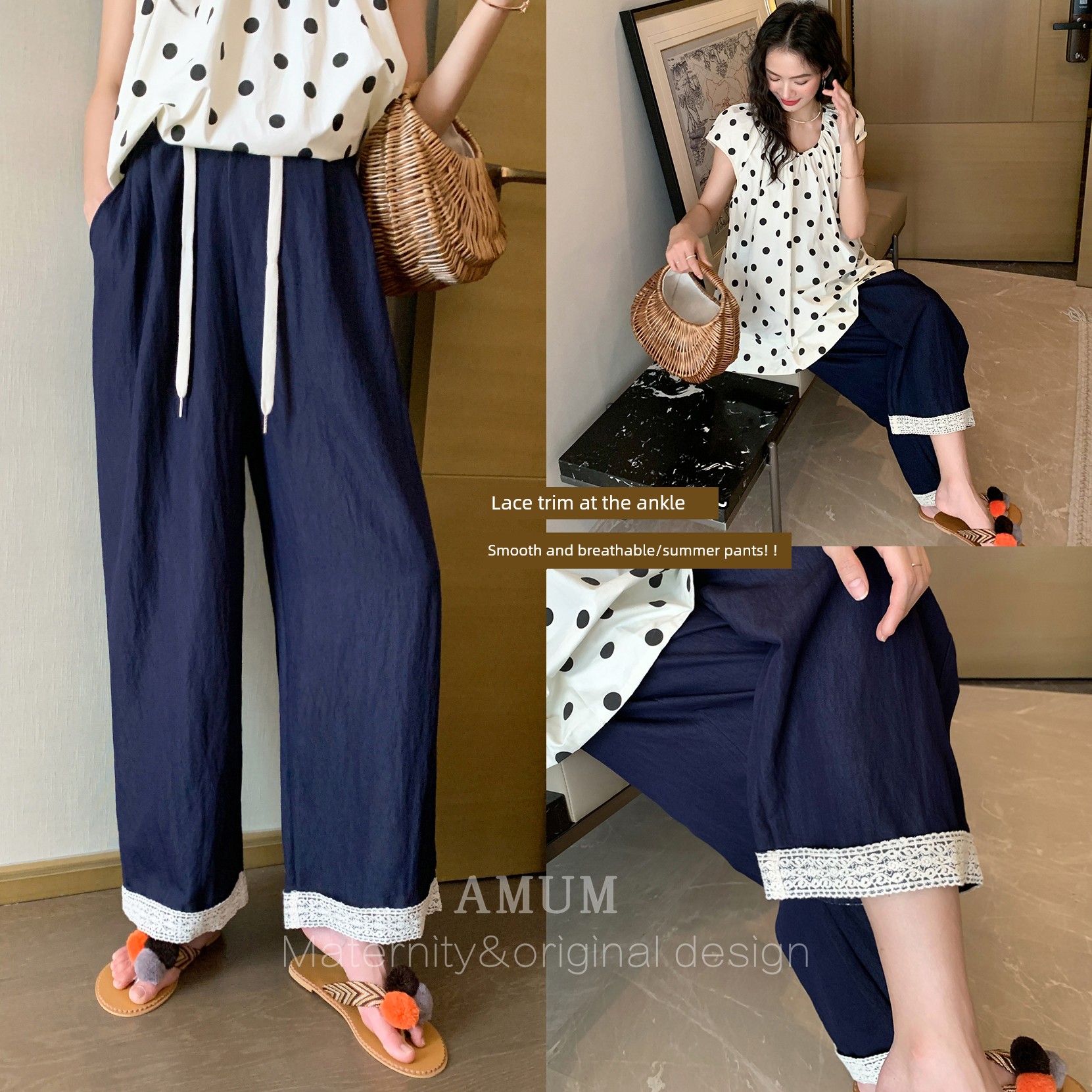 ◆ Amum Maternity Wear ◆ Summer Thin Pants~ Breathable Casual Pants, Long Pants with Drawstring, Slimming Wide-Leg Pants, Maternity Pants — 2