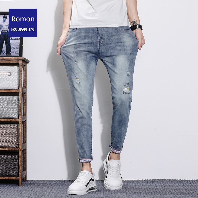 Romon spring Nine points Korean version Self-cultivation hole Jeans
