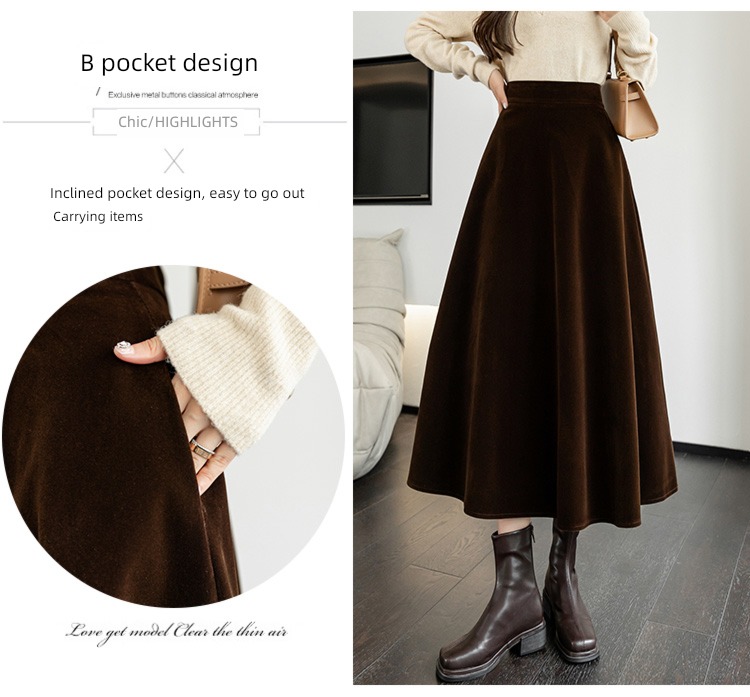 Coffee Autumn and winter Velvet Medium and long term High waist skirt