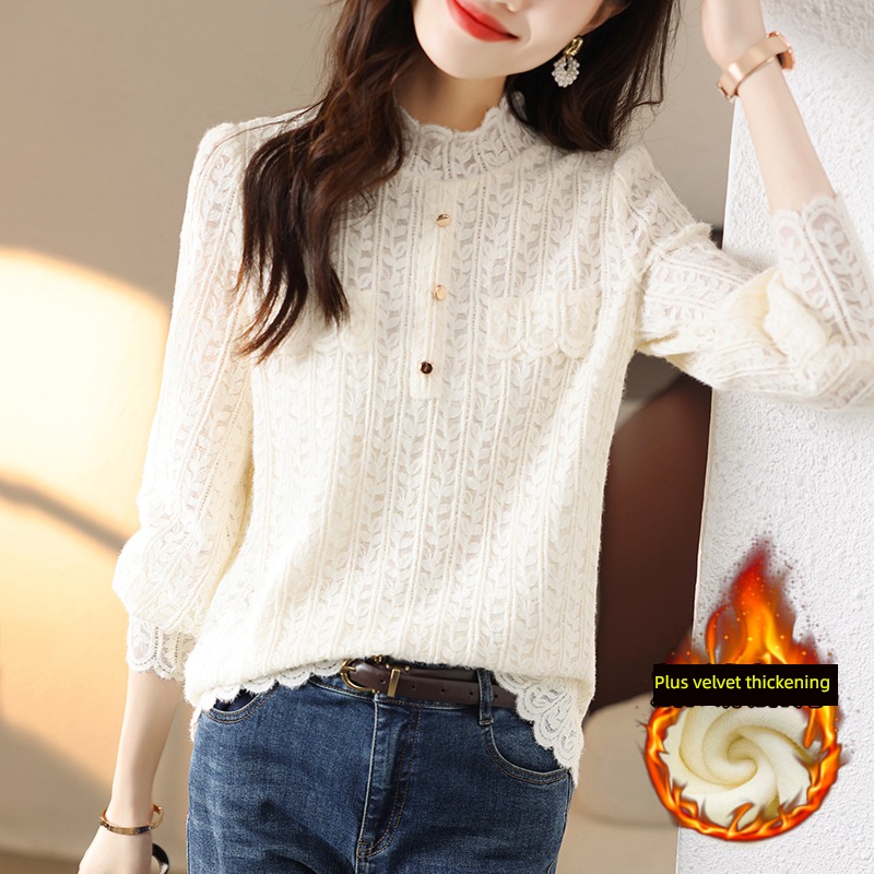 Autumn and winter Brand women's wear Half high collar fashionable Lace shirt
