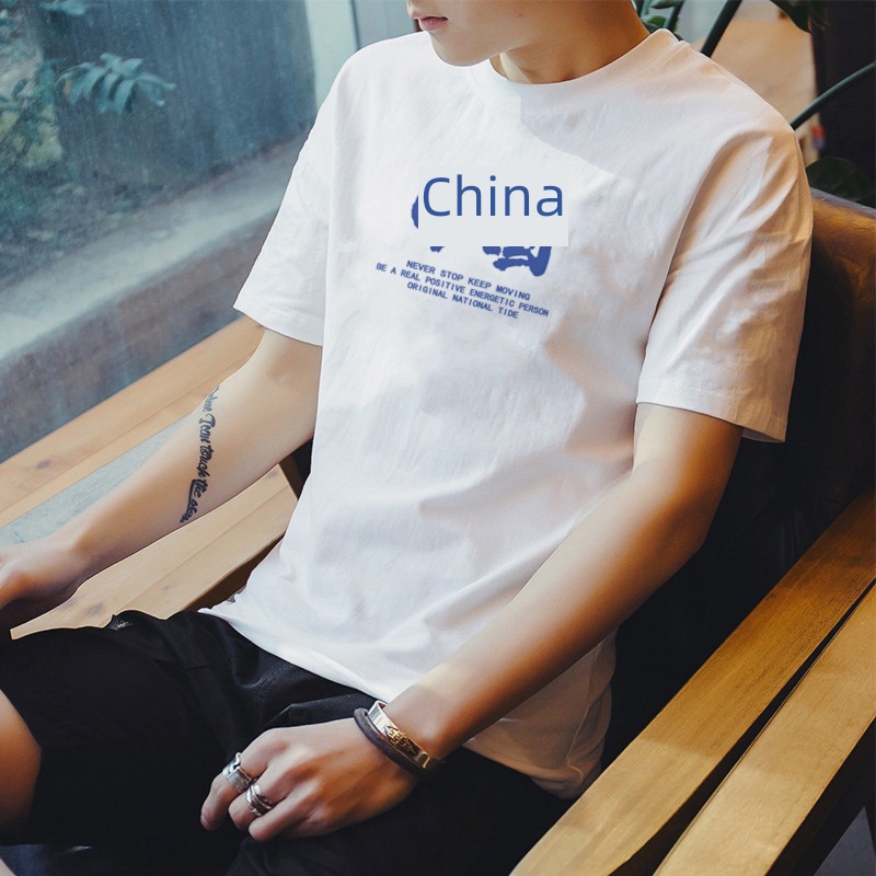man spring Chinese style Chaopai Round neck Short sleeve T-shirt
