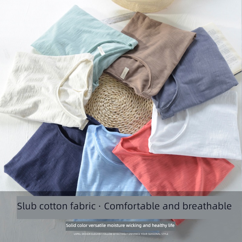 summer Thin money Slubby cotton leisure time V Collar short sleeve T-shirt