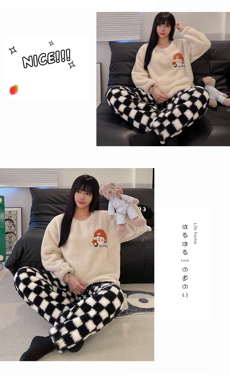 thickening Coral velvet Cartoon Embroidery Winter money lovers pajamas