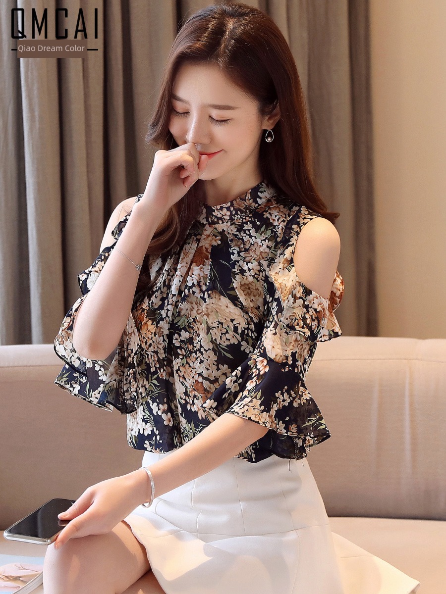 Short sleeve summer wear Foreign style Leaky shoulder jacket Chiffon shirt