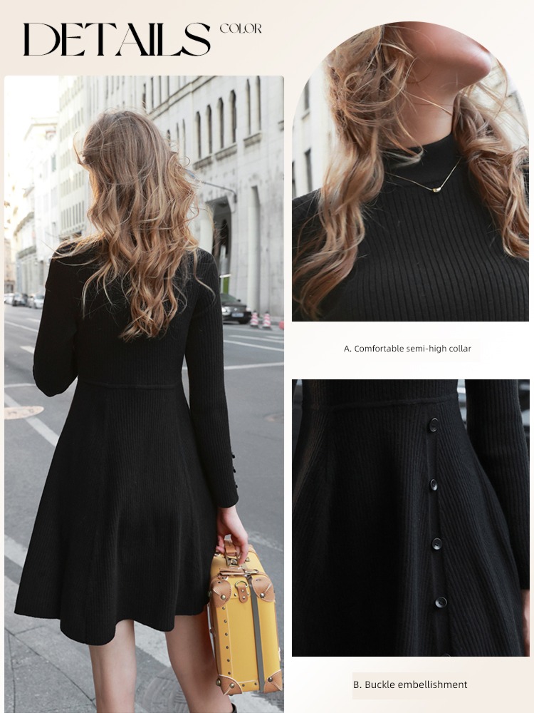 Tricolor Autumn and winter Half high collar Inner lap Knitted skirt