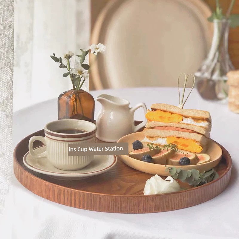 日式圓形木製託盤 居家咖啡廳必備 茶色原木色多種尺寸
