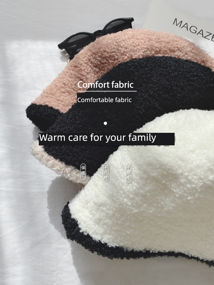Korean version Plush Fisherman hat female Autumn and winter Versatile Show a small face Bucket cap ins Internet celebrity Color contrast edge knitting Basin cap