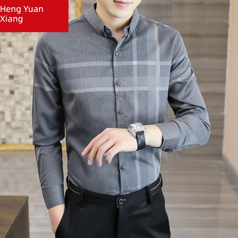hyz  Long sleeve Ice silk lattice leisure time business affairs shirt
