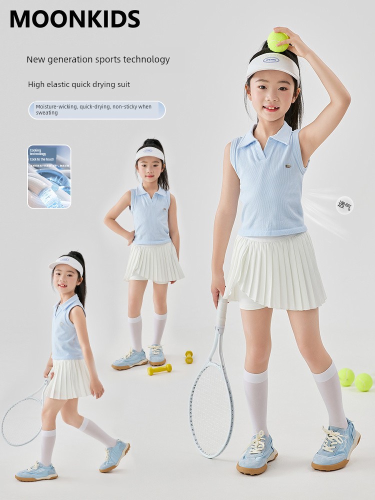 Moonkids Girls' Tennis Suit Sports Quick-Drying Clothes Pleated Summer Girls' Kidsren's Pants and Skirts Badminton Clothes