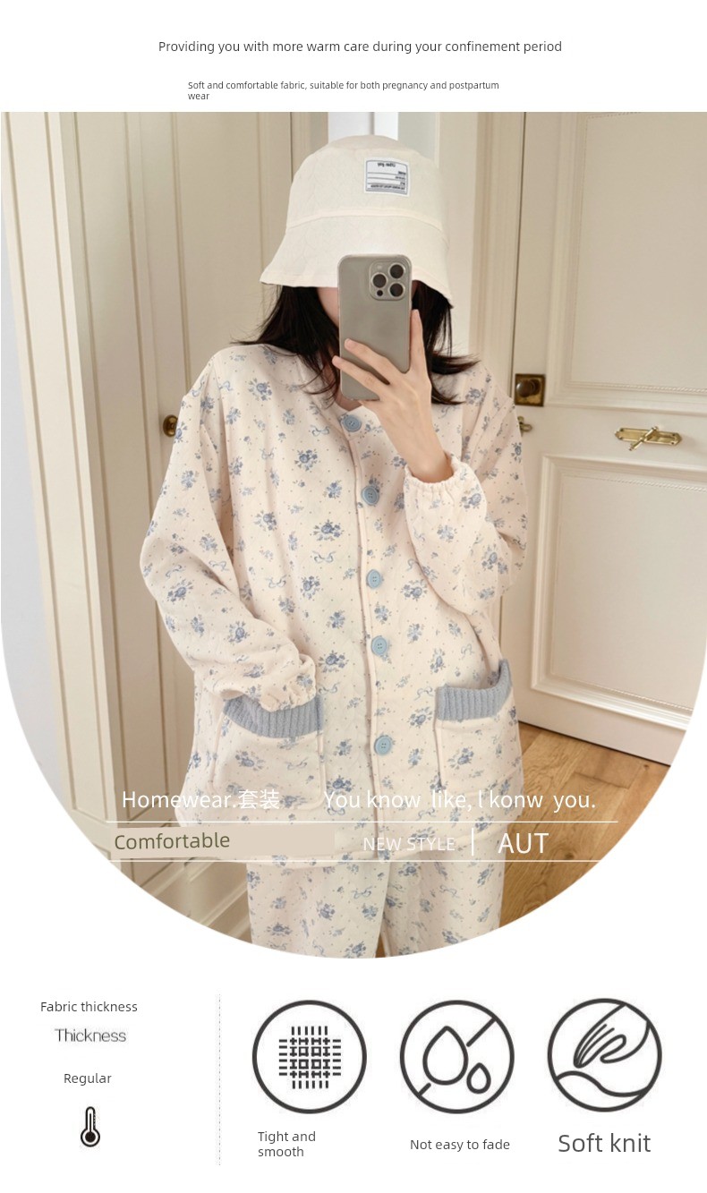 Spring, Autumn, and Winter Maternity Pajamas with Chest Pads, Thickened Air Cotton, No Need to Wear Underwear, Layered Maternity Sleepwear with Hood Set — 26