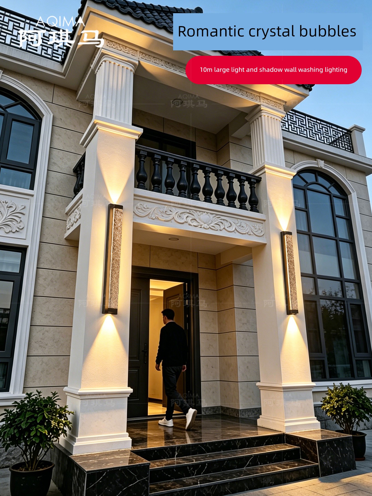 2026 New Outdoor Wall Lamp Solar-Powered Waterproof Villa Entrance Roman Pillar Lamp Balcony Crystal Wall Lamp