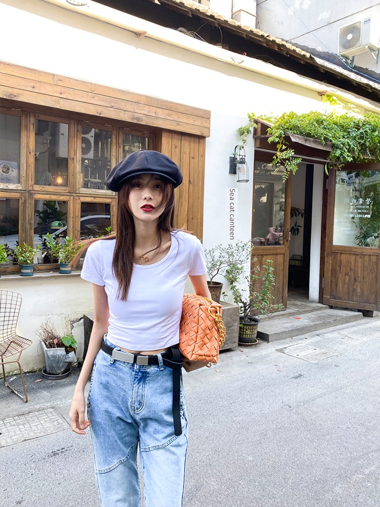 bm Exposed navel Sense of design U collar Minority jacket Short sleeve T-shirt