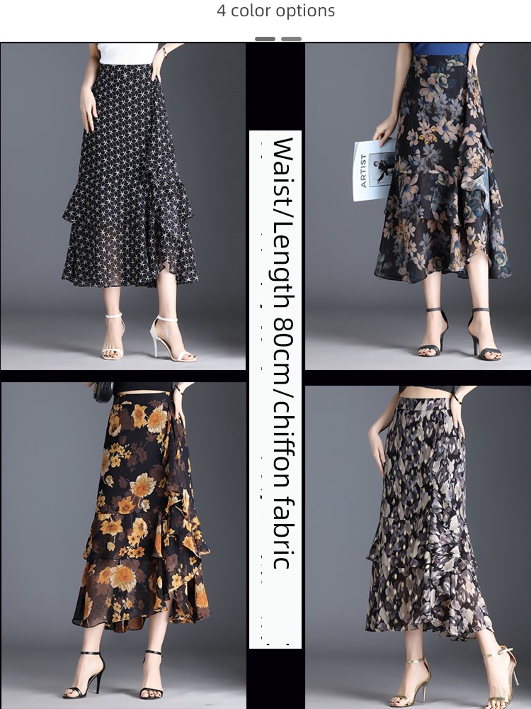 Chiffon High waist printing Agaric edge skirt