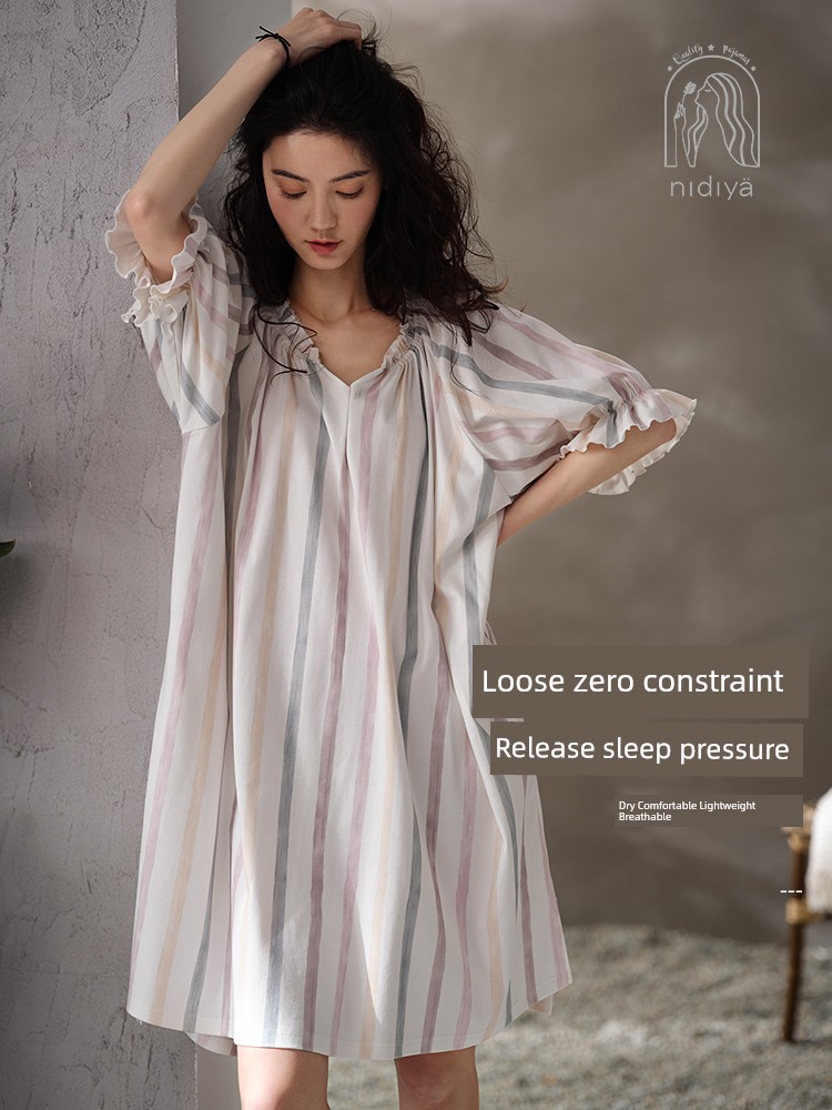 easy Big size summer pure cotton Princess style V-collar Nightdress