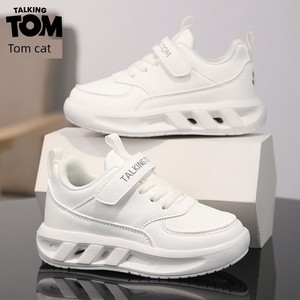 Tom Cat Kidsren's 2026 New Autumn and Winter Pure White Sneakers Leather Waterproof Velcro Campus Soft-Soled Non-Slip Sh