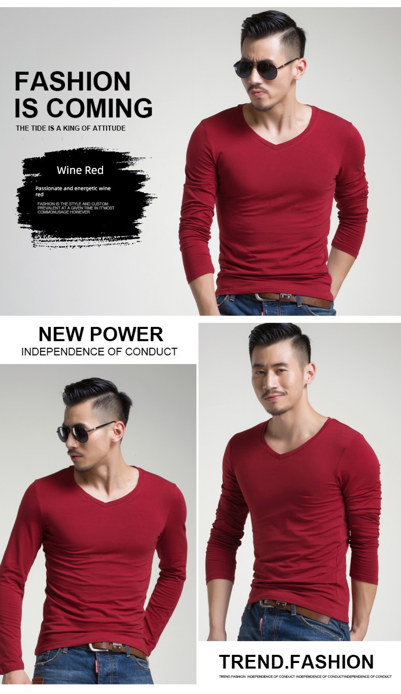 man V-collar Spring  Inner lap Tight fitting Long sleeve T-shirt