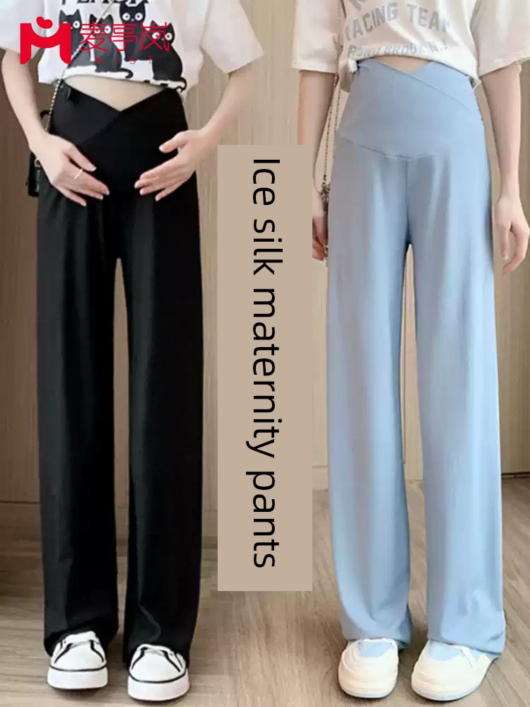 Maternity Pants Ice Silk Summer Thin Wide-Leg Pants Belly Support Straight Casual Pants Plus Size Summer Leggings for Women