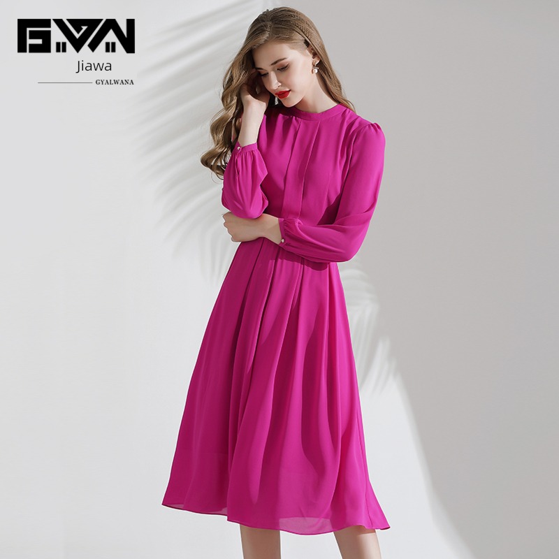 The new rose red Chiffon Self-cultivation Long sleeve Dress