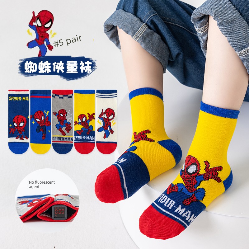 Spider-Man Children's Socks for Boys, Spring and Autumn Thin Cotton Socks, Cartoon Mid-Tube Socks for Boys, Suitable for Older Children, Summer Sports
