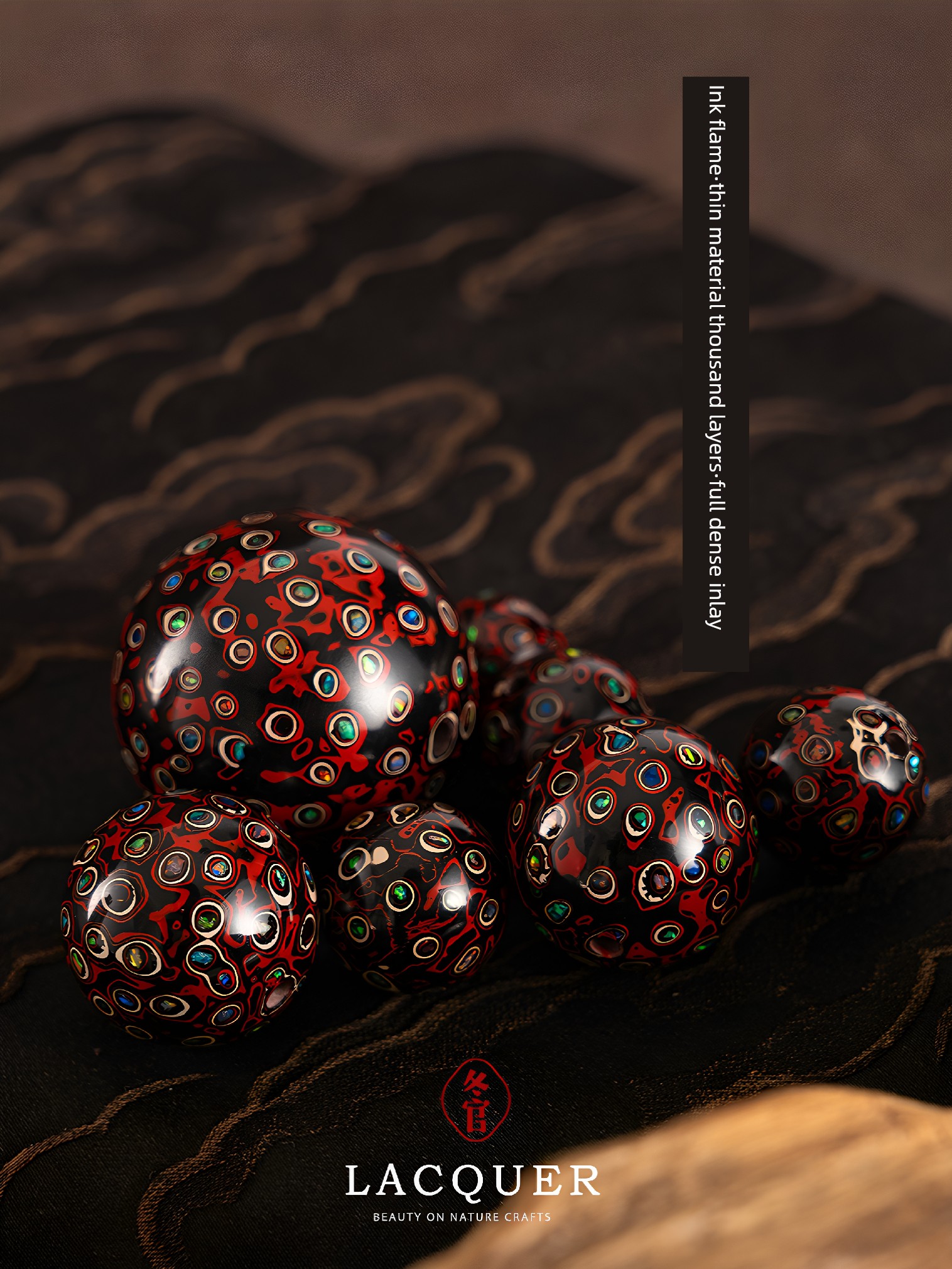 Natural Lacquer Single Bead Necklace Accessory with Full Inlay, Handcrafted Jewelry, Ink Flame
