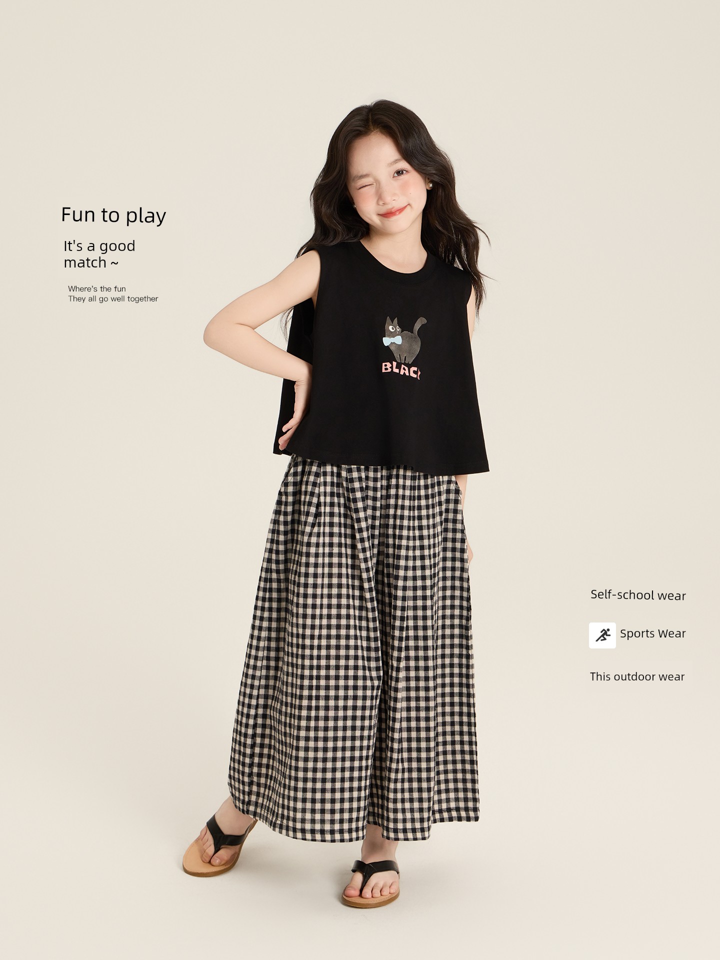 Amybaby Girls' Suit Summer 2026 New Style Loose Cartoon Sleeveless Vest Plaid Wide-Leg Pants — 3