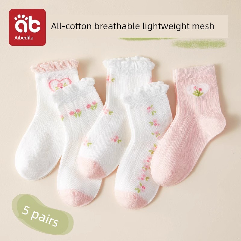 Children's Socks for Girls, Spring and Summer Thin Style, Pure Cotton Mesh Socks for Baby Girls, Princess Lace Mid-Tube Summer Thin Socks — 8