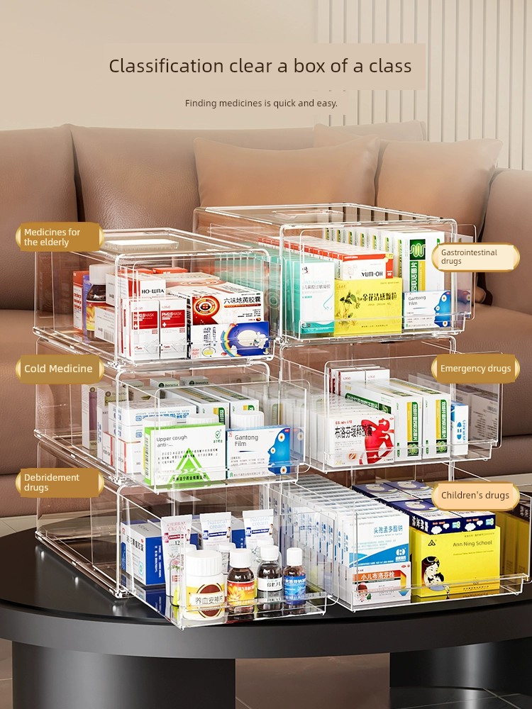 玄關抽屜式葯品收納盒透明葯物整理箱置物架桌麪多層急救葯箱家用
