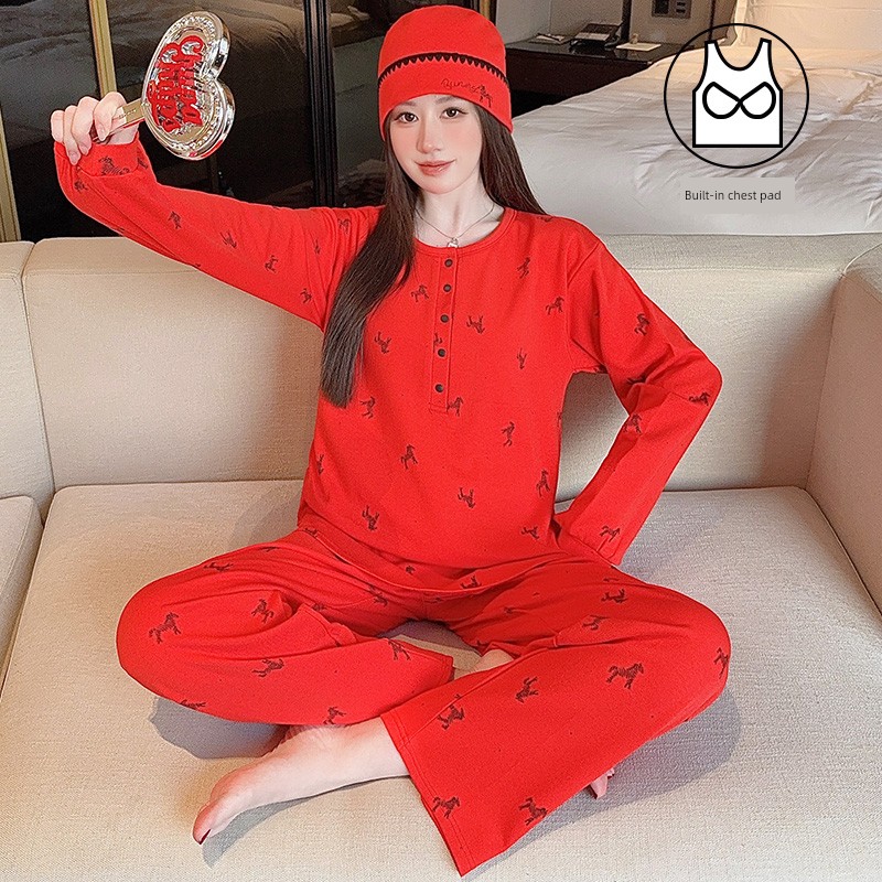 Maternity Pajamas with Hat, Pure Cotton, Sweat-Absorbent, Suitable for All Seasons, Postpartum Nursing Loungewear for Autumn and Winter — 1