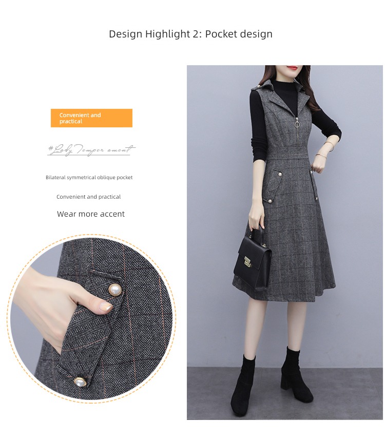 Autumn and winter Wool lattice Close your waist Show thin Dress suit