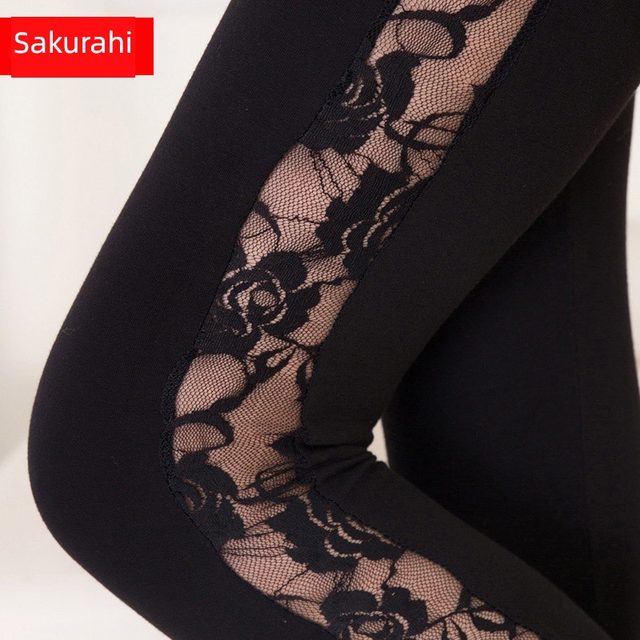 Korean version of summer spring and autumn front cotton side lace personalized leggings for women's nine-point pants outside with small feet pants large-size trendy