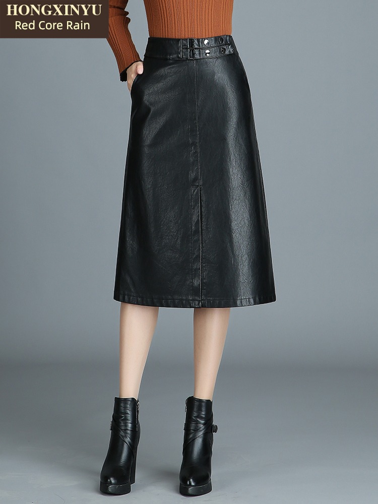 Autumn and winter Medium and long term A word Show thin temperament Leather skirt