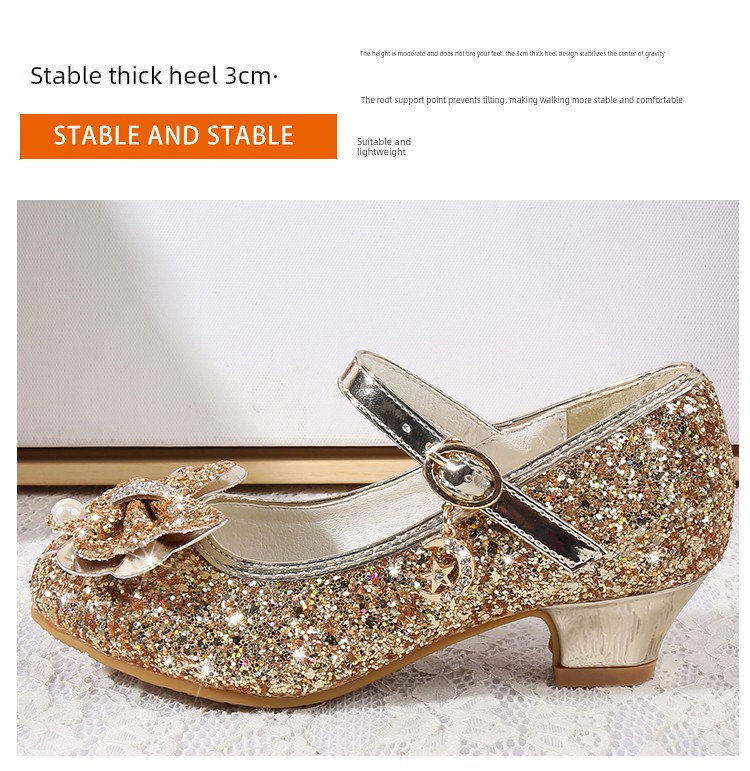 Girls' High-Heeled Shoes 2026 New Spring and Autumn Princess Shoes Round-Toe Performance Shoes Little Girls' Gold Host Performance Shoes — 8