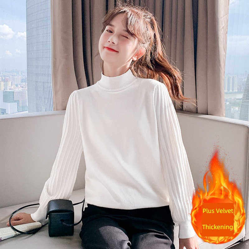 white ma'am Spring and Autumn High collar Inner lap Long sleeve sweater