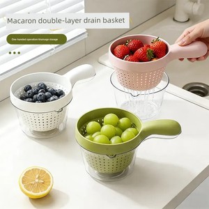 Macaron Double-Layer Draining Basket with Handle, Fruit Washing Tool, Blueberry Cleaning Basket, Simple and Cute Fruit S