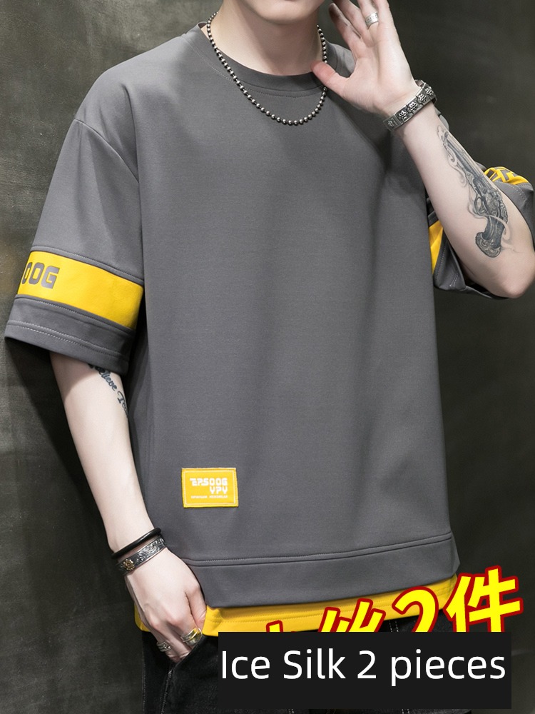 Chaopai man summer Thin money Fake two Short sleeve T-shirt