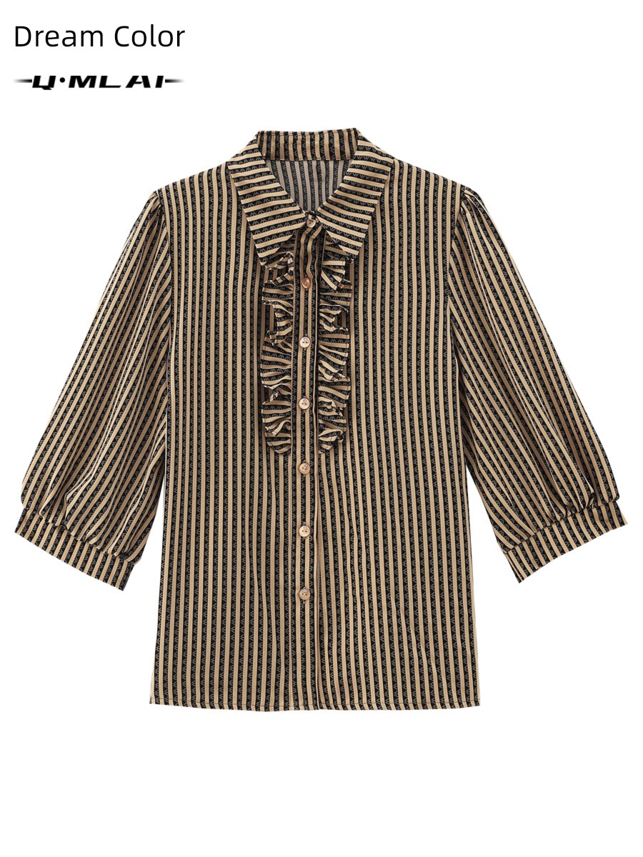 Young mother three quarter sleeve jacket stripe Chiffon shirt