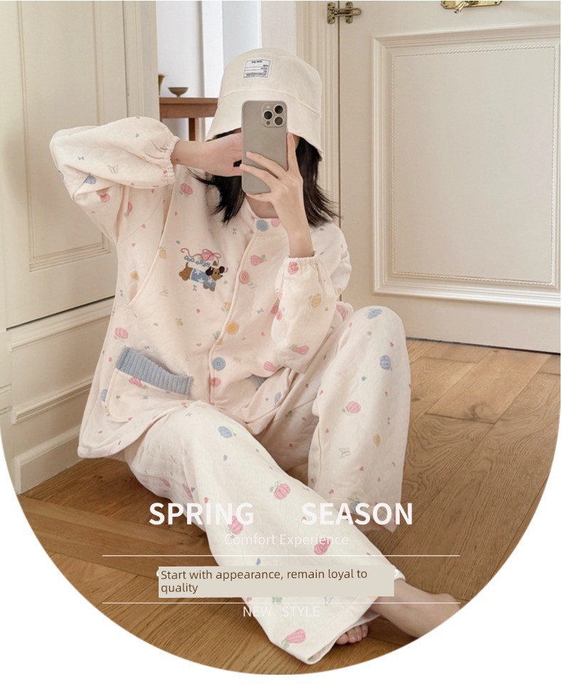 Spring, Autumn, and Winter Maternity Pajamas with Chest Pads, Thickened Air Cotton, No Need to Wear Underwear, Layered Maternity Sleepwear with Hood Set — 21