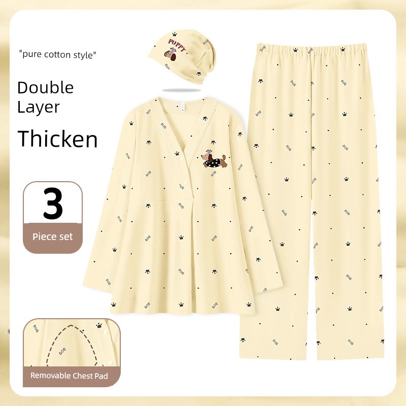 Maternity Pajamas with Breast Pads, Pure Cotton, Sweat-Absorbent, Autumn and Winter Style, Nursing Maternity Sleepwear, Summer Thin Style, Postpartum — 4