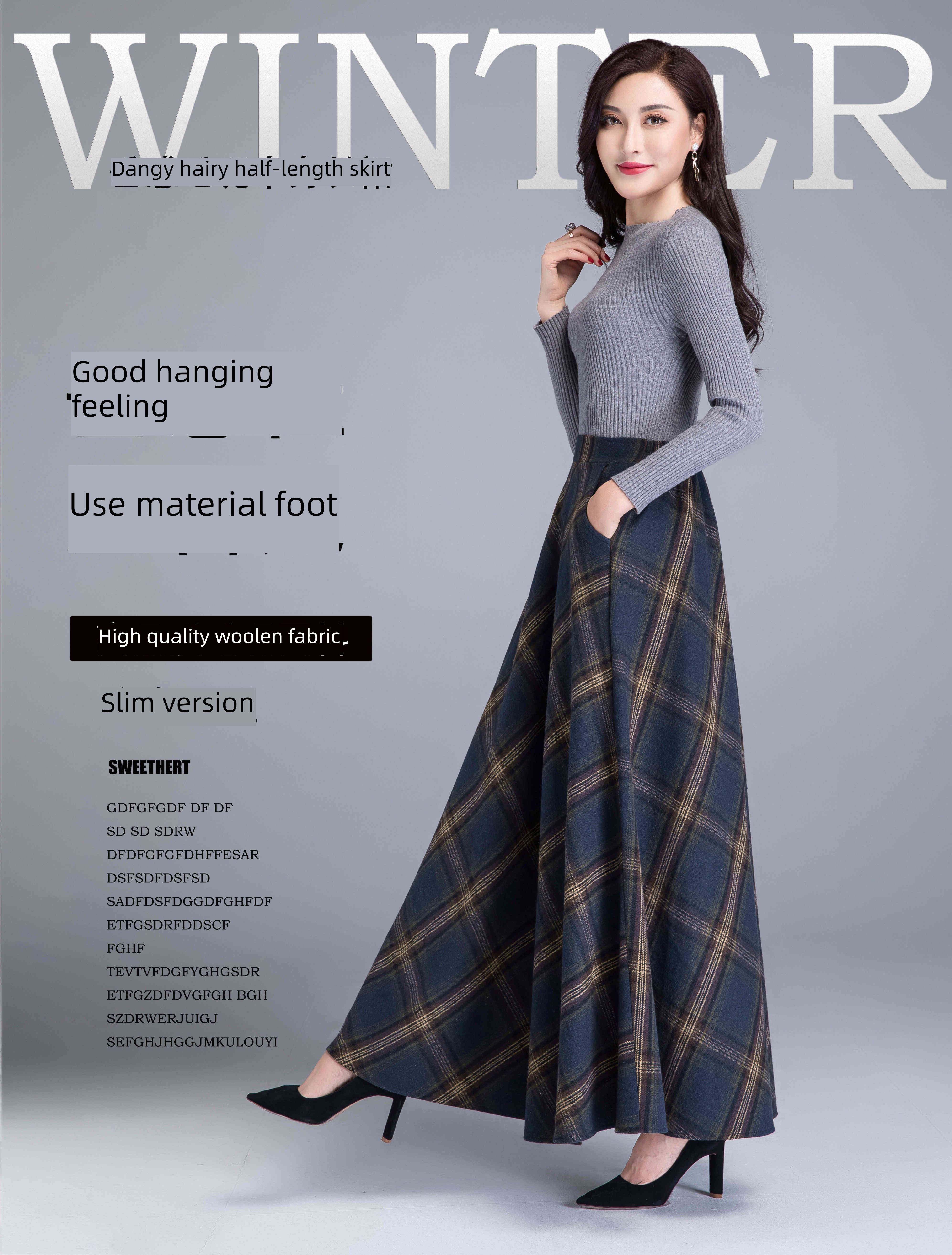Wool lattice Retro Big size High waist Show thin Medium length skirt