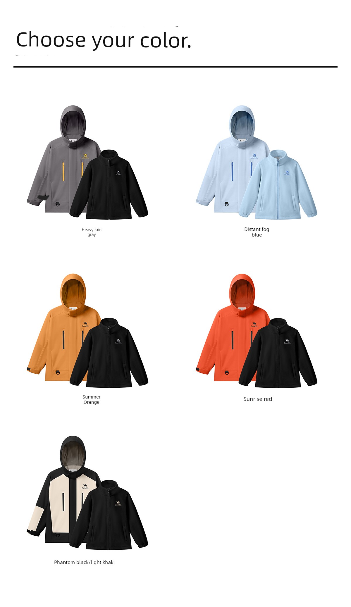 Camel Brand Children's 3-in-1 Windproof and Waterproof Mountaineering Jacket for Older Children, Parent-Child Matching Outfit, Girls' and Boys' 3-in-1 — 44