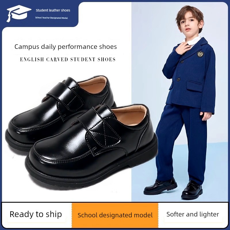 Boys' Leather Shoes 2026 Spring and Autumn New Style Black British Performance Shoes Single Shoes Soft Sole Children's Student Performance Shoes — 1