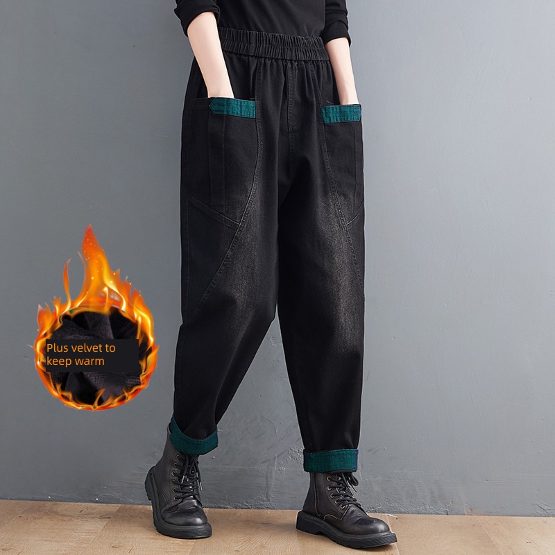 Guangzhou Xintang Town Jeans female winter Plush thickening trousers 2022 new pattern ma'am Big size radish Haren pants
