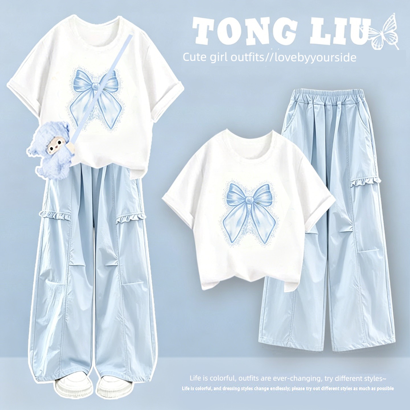 Girls' Short-Sleeved Summer Suit 2026 New Style for Middle School Students, Stylish Pure Cotton Clothing, Thin Cargo Pants — 6