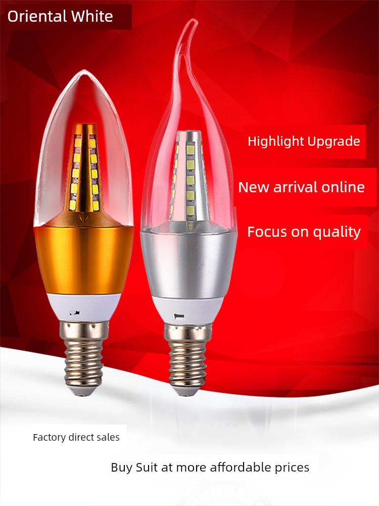 E14 Small Screw Base Led Candle Bulb Energy-Saving Warm White Household High-Brightness Pointed Bulb Crystal Chandelier Head Three-Color Dimming