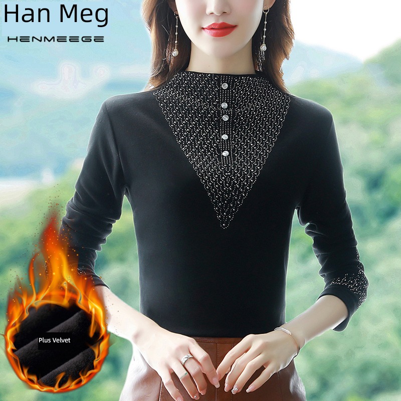Plush thickening Derong Undershirt female Long sleeve Autumn and winter 2022 new pattern Foreign style keep warm Inner lap T-shirt Hot drilling jacket