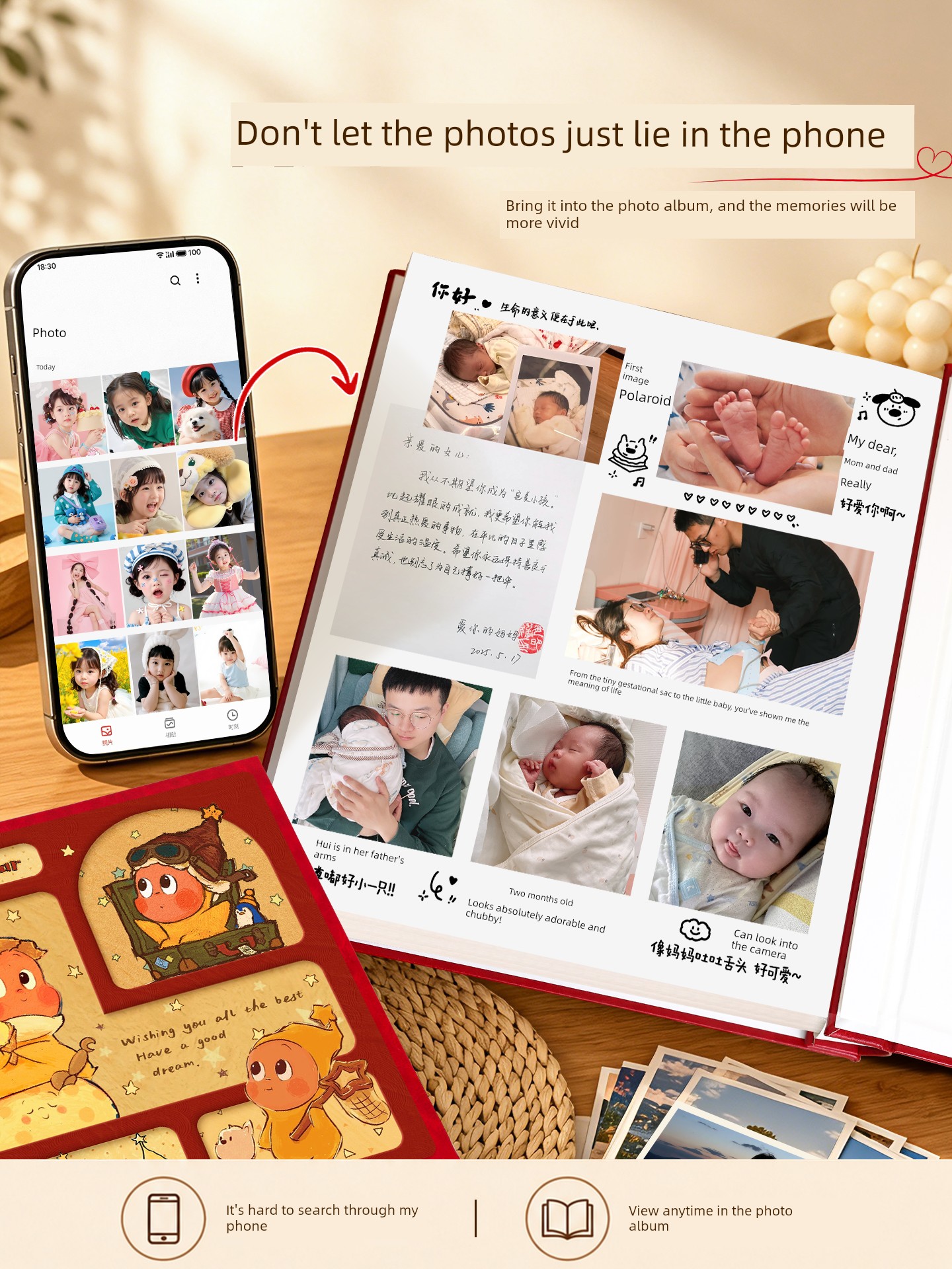 Leather-Covered Photo Album DIY Family Baby and Children's Growth Record Commemorative Album 35-Inch 6 Polaroid Photo Storage