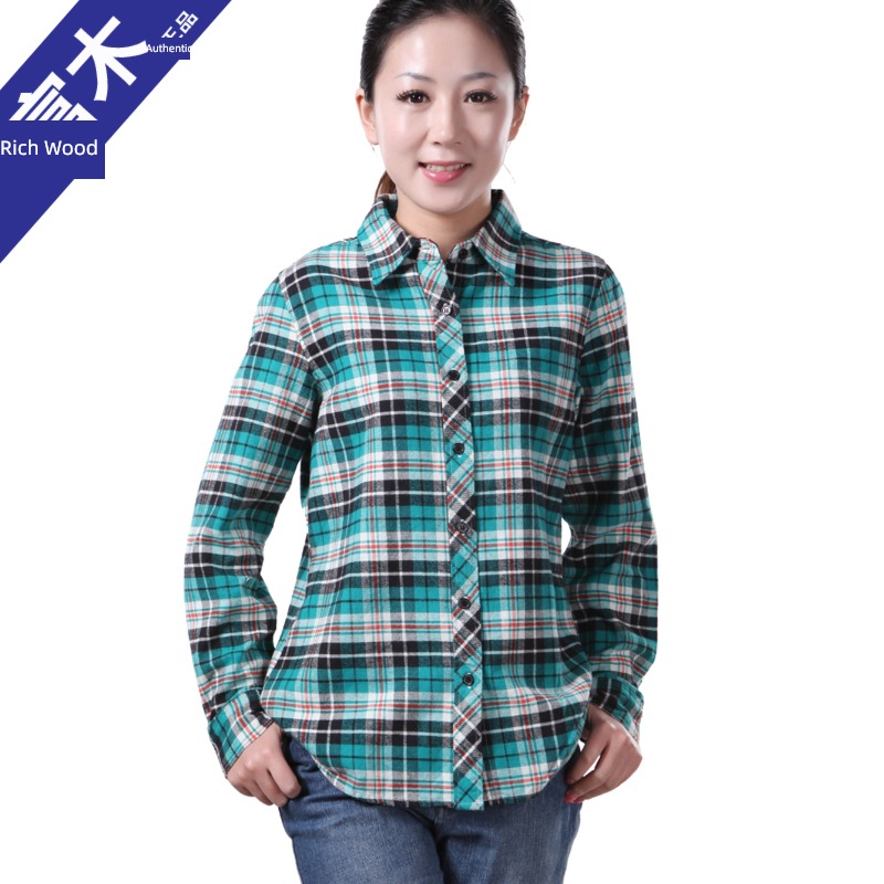 Rich wood Long sleeve Self-cultivation Cotton Women lattice shirt
